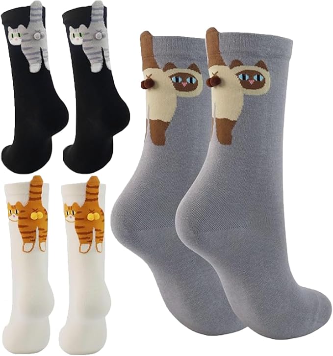 Women's Cotton Cat Socks with Balls, 3D Novelty Funny Animal Crew Socks