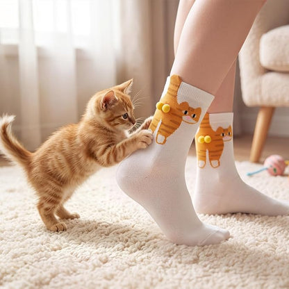 Women's Cotton Cat Socks with Balls, 3D Novelty Funny Animal Crew Socks