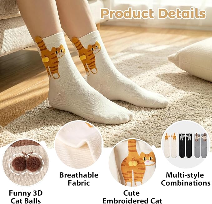 Women's Cotton Cat Socks with Balls, 3D Novelty Funny Animal Crew Socks
